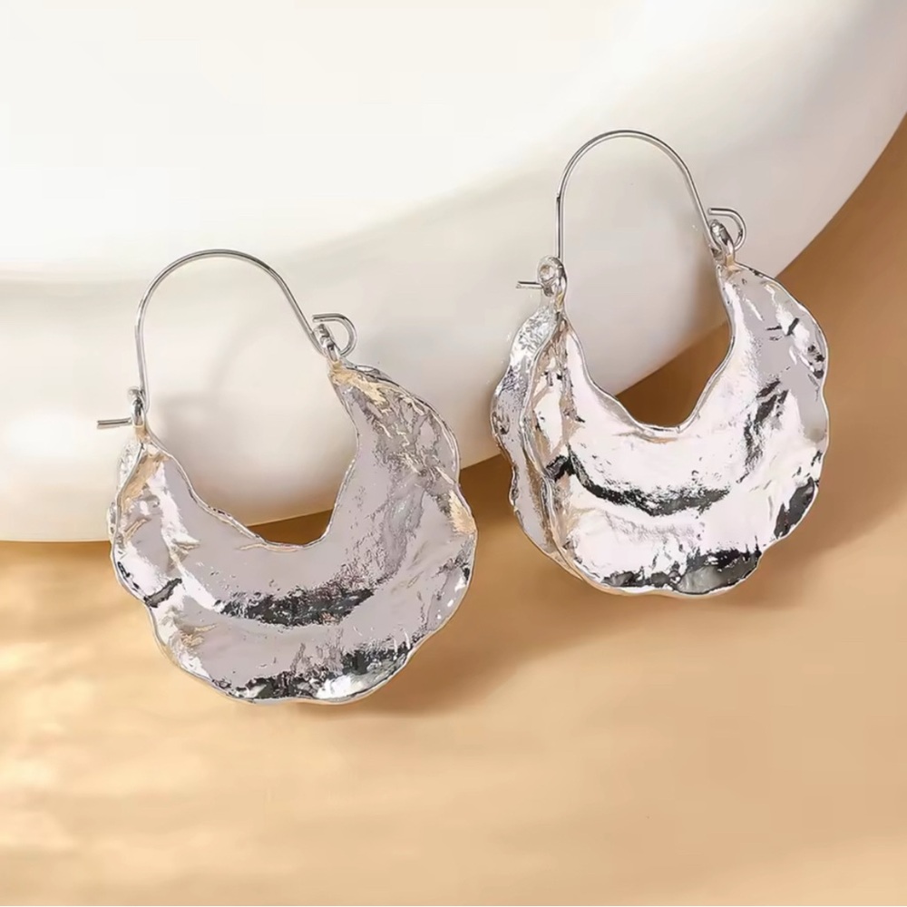 NEW Anthropologie Earrings Chunky Silver Molten Metal Crumpled Puffy Hoop F28
